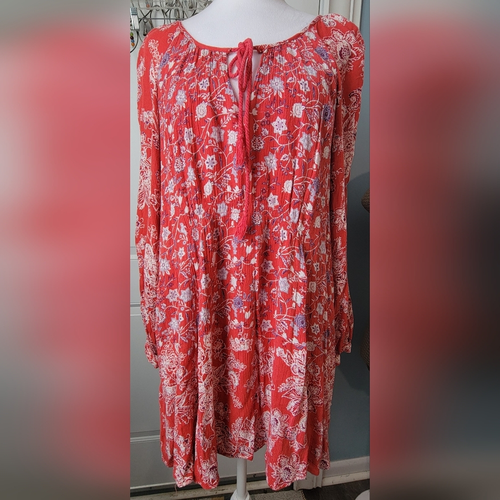 Free People Lucky Loosey Floral Print Mini Dress Womens S Blood Orange Boho Flow